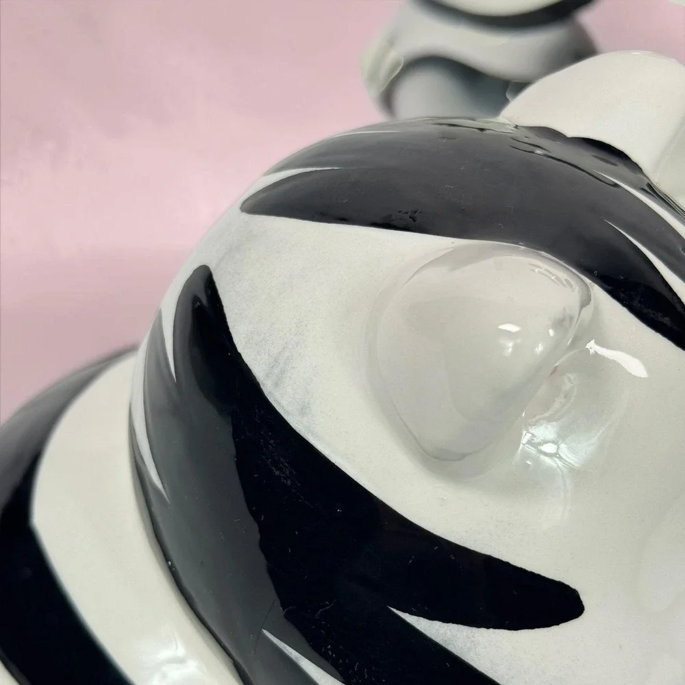 Vintage R. H. Macy & Co Black White Striped Cat Cookie Jar Pink Bow Ceramic